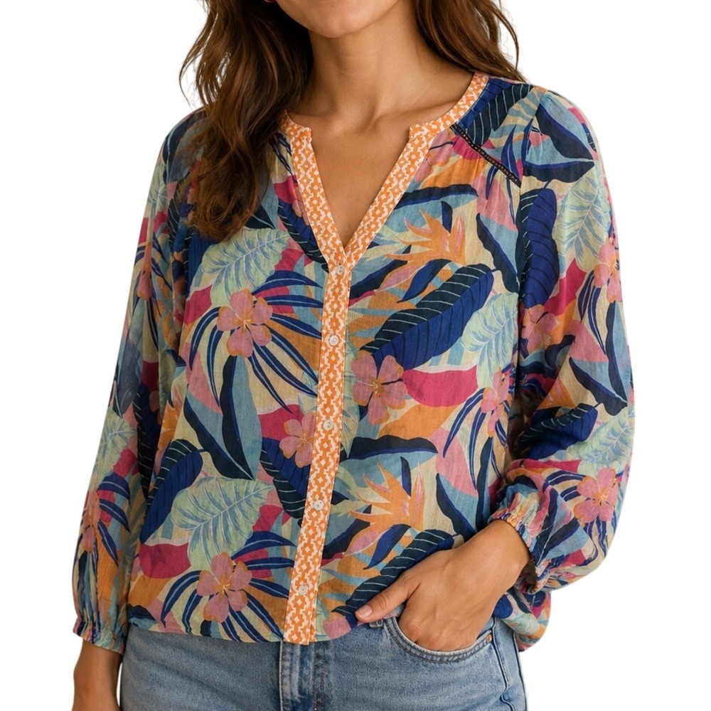 Sundance Womens XS Tropical Floral Cotton Boho Blouse Blue Pink Orange V-Neck